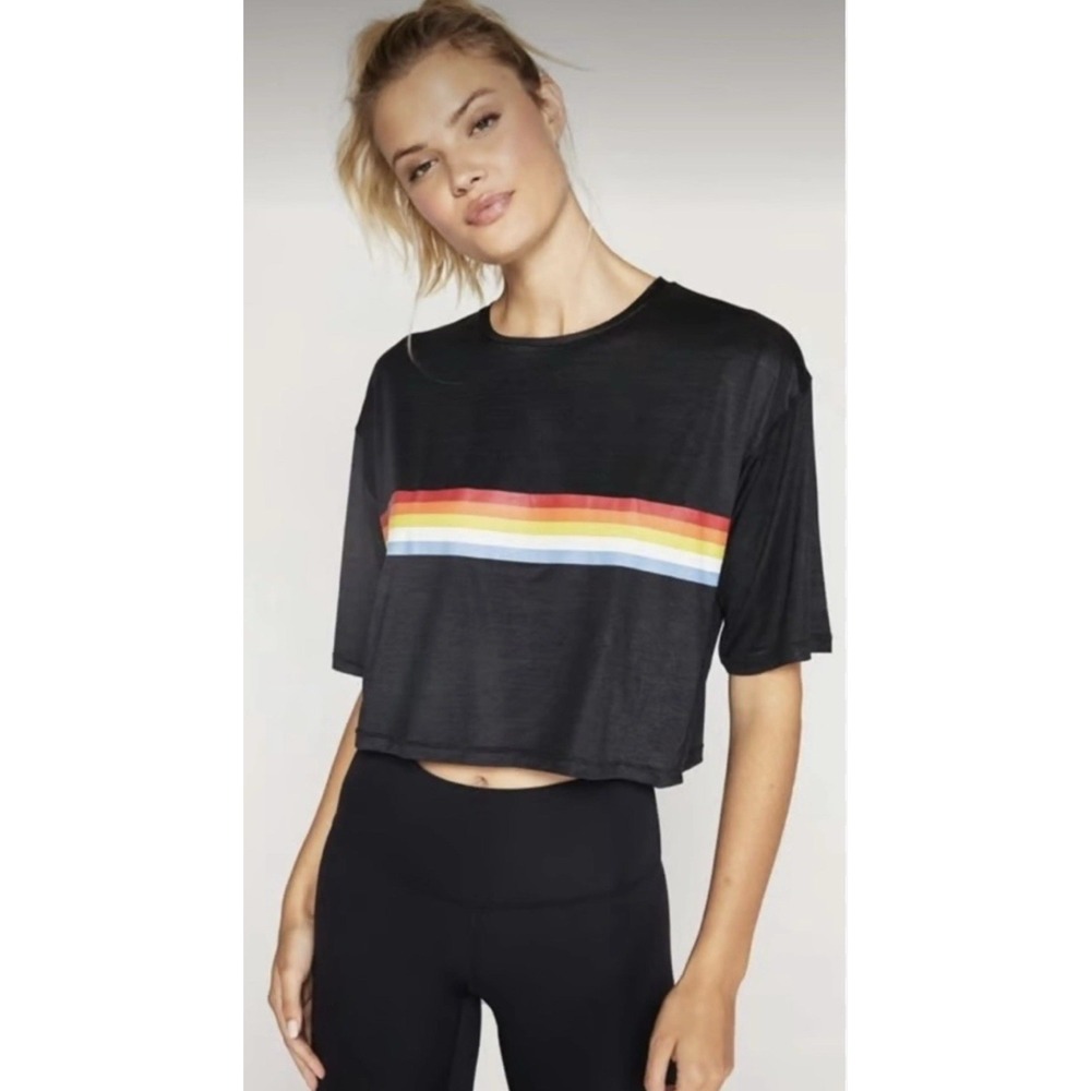 Spiritual Gangster Revolve Rainbow Striped Cropped Tshirt SZ Med Athleisure EUC